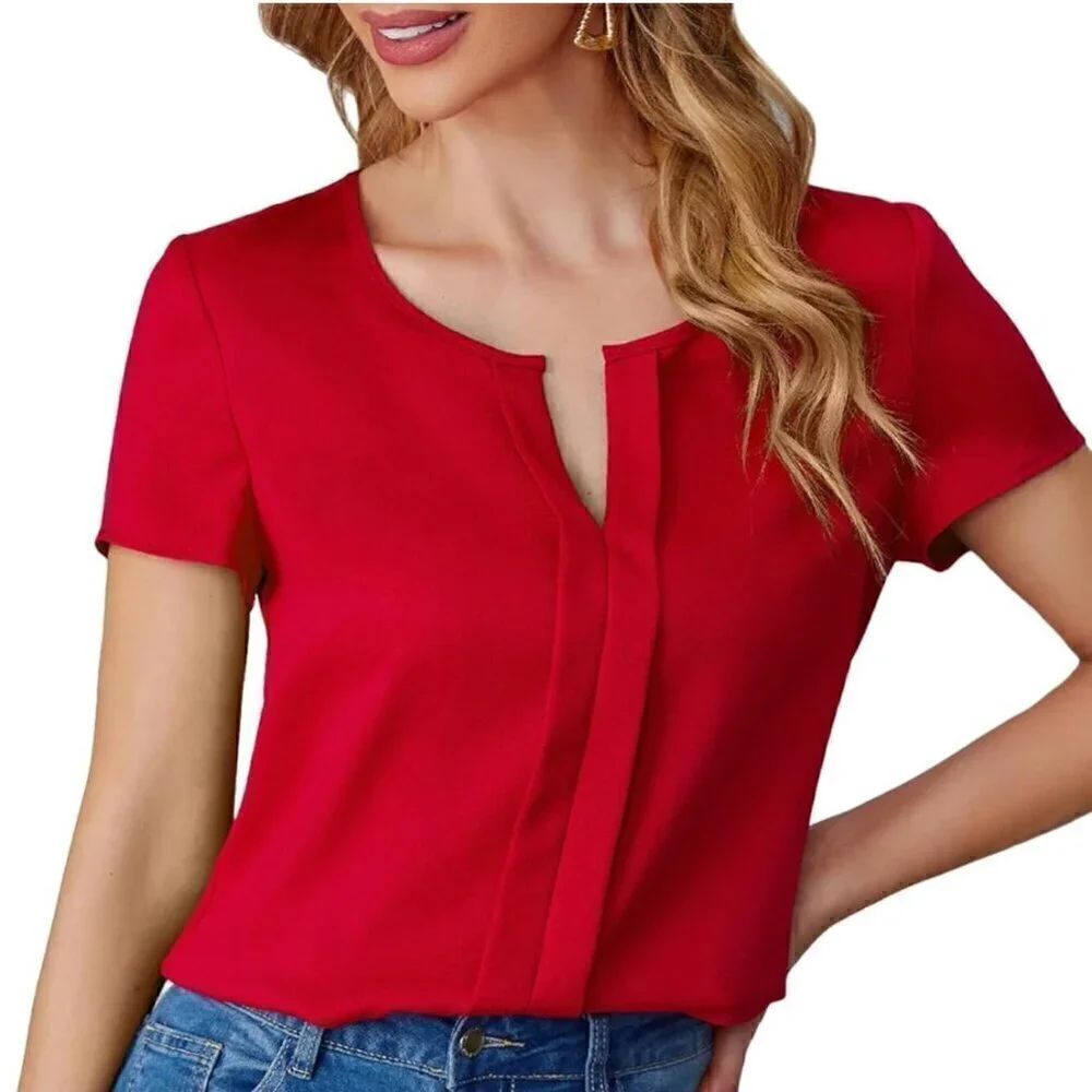 COZYEASE Women's Fold Pleated Notch V Neck Blouses Casual Short Sleeve Shirt Top - Picture 1 of 6